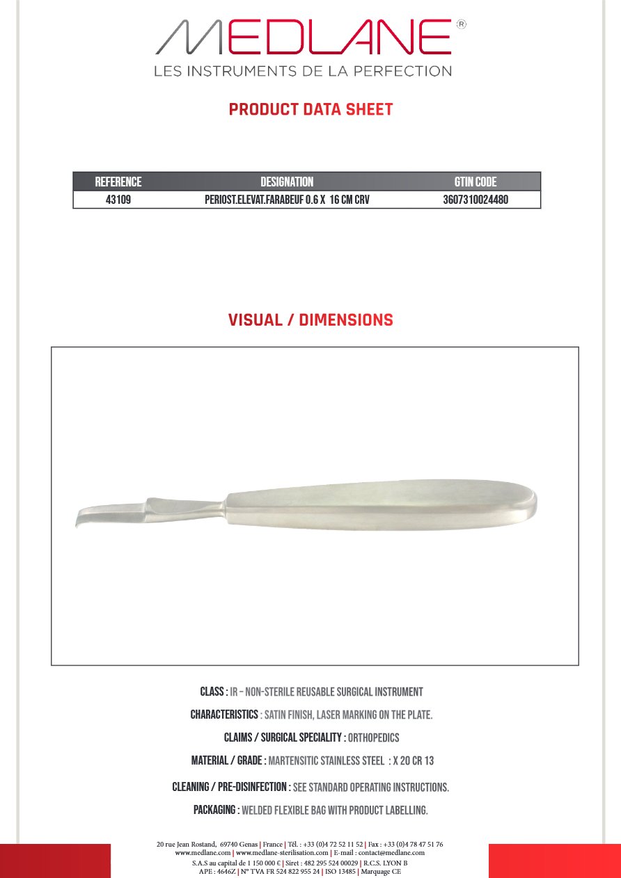 Rugine Farabeuf 6 mm X 160 mm Courbe — REF 43109P