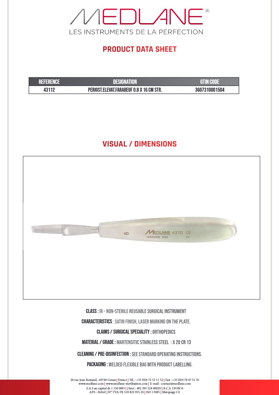 Rugine Farabeuf 8 mm X 160 mm Droite — REF 43112P