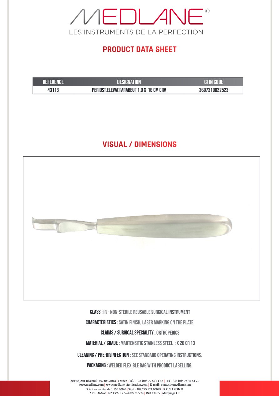 Rugine Farabeuf 10 mm X 160 mm Courbe — REF 43113P