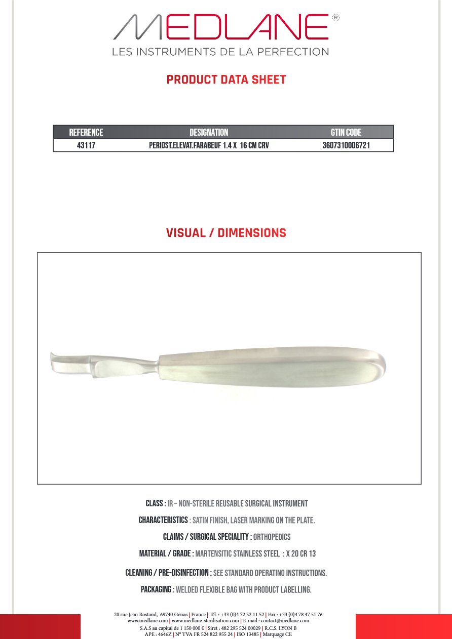 Rugine Farabeuf 14 mm X 160 mm Courbe — REF 43117P