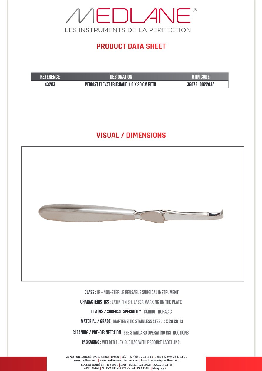 Rugine Fruchaud 10 mm X 200 mm Retrograd — REF 43203
