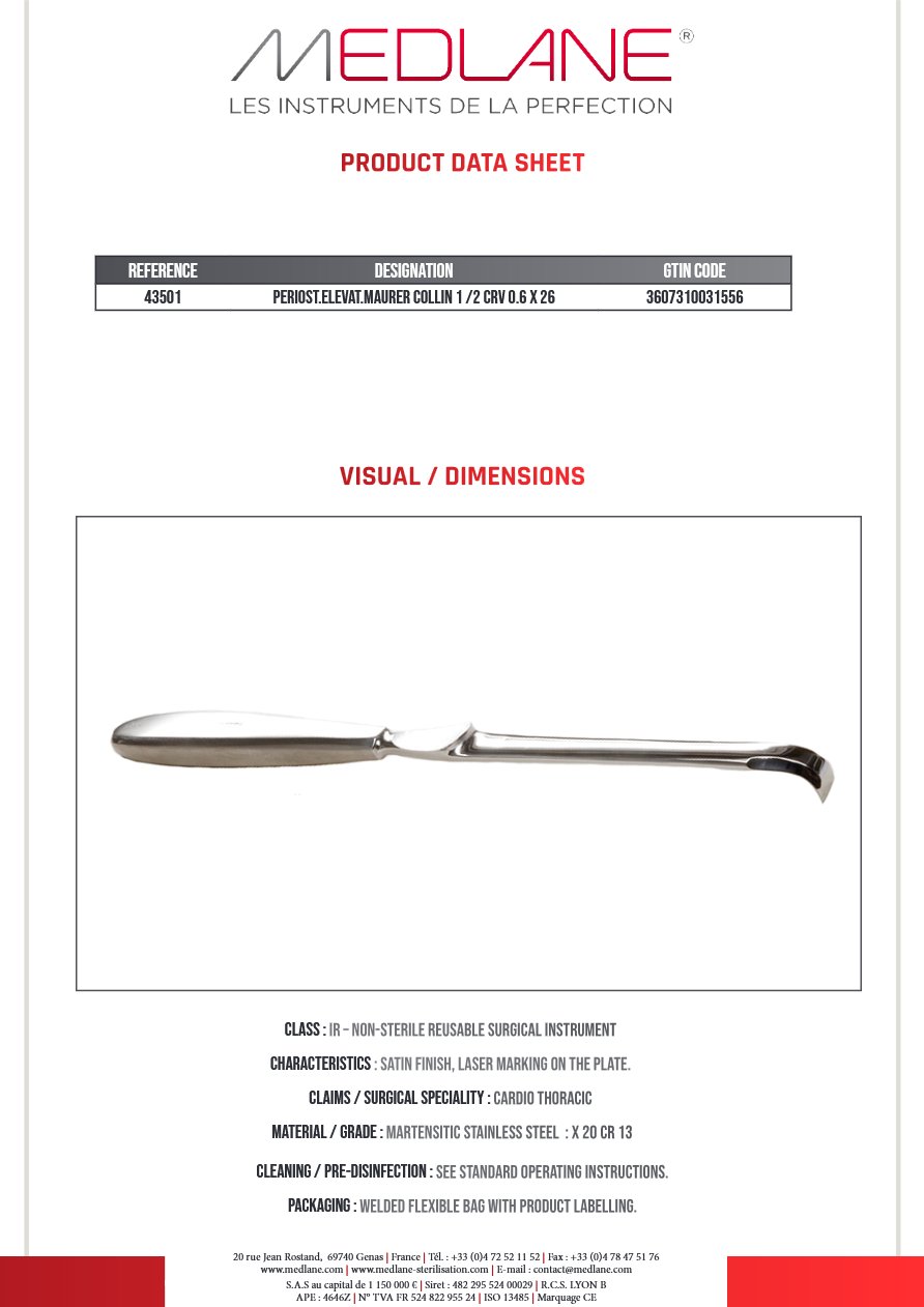 Rugine Maurer Collin 1/2 Courbe 6 X 260 mm — REF 43501