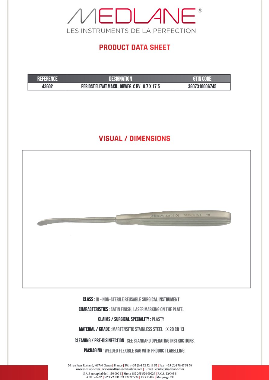 Rugine Maxillo-facial Obwegeser Courbe 7 X 175 mm — REF 43602