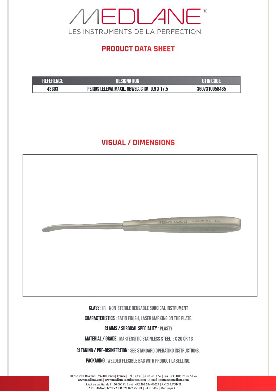 Rugine Maxillo-facial Obwegeser Courbe 9 X 175 mm — REF 43603