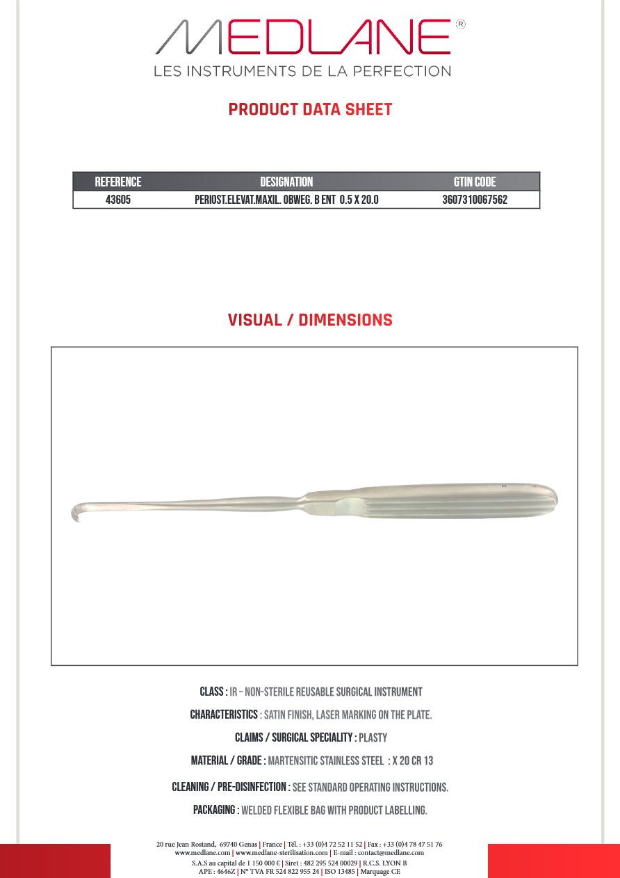 Rugine Maxillo-facial Obwegeser Coudee 5 X 200 mm — REF 43605