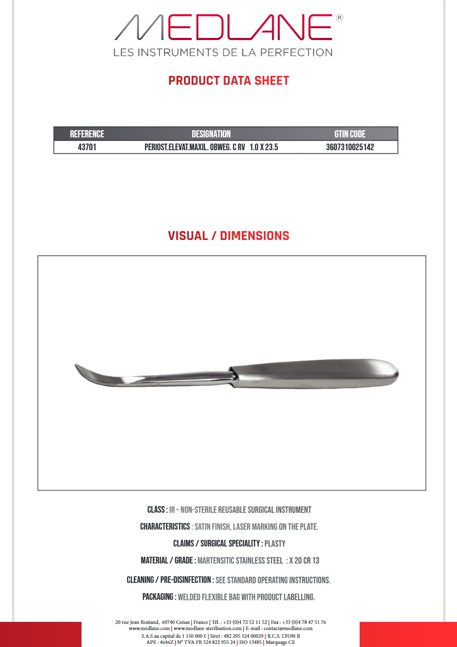 Rugine Maxillo-facial Obwegeser Courbe 10 X 235 mm — REF 43701