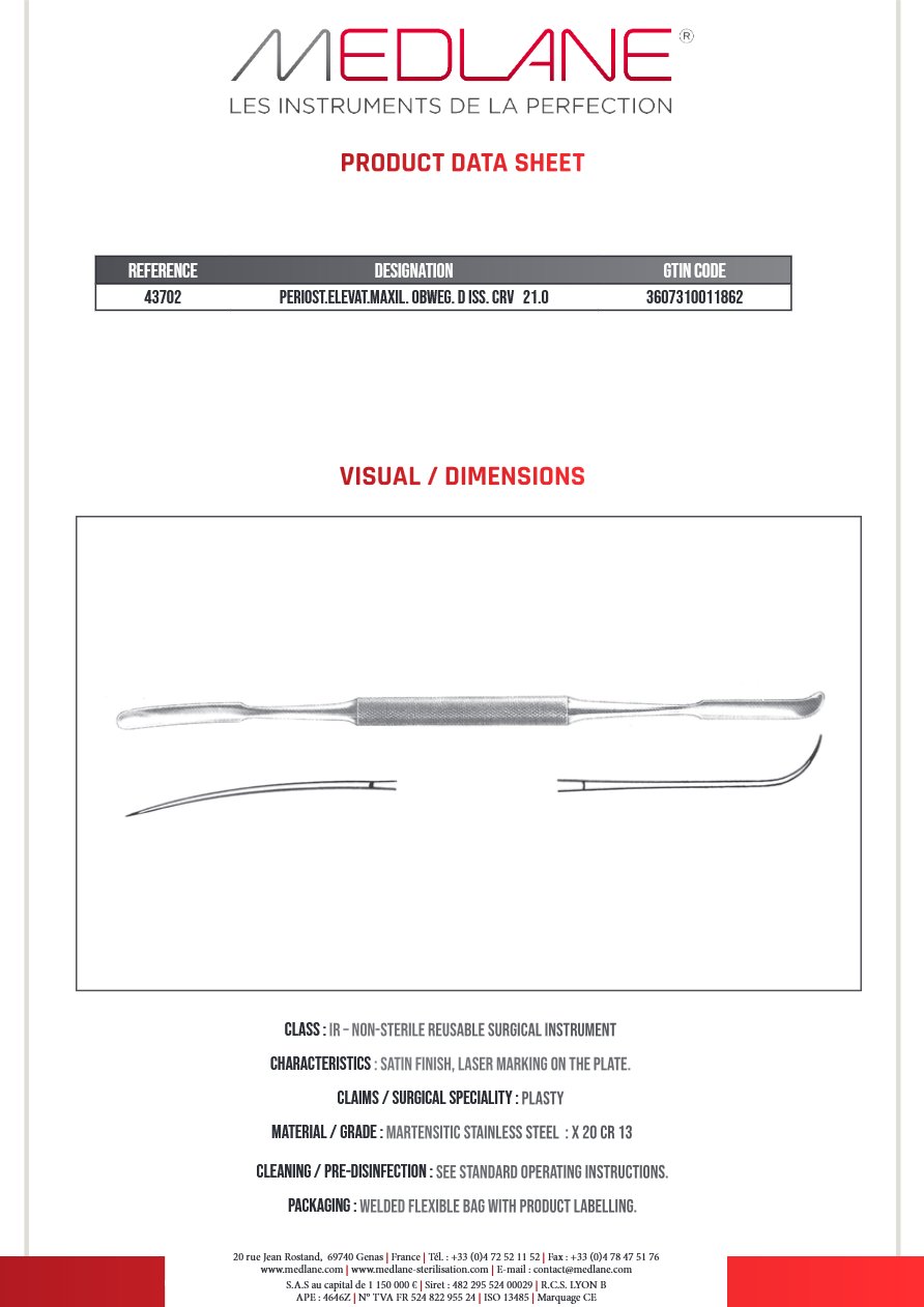 Rugine Maxillo-facial Obwegeser Courbe 210 mm — REF 43702