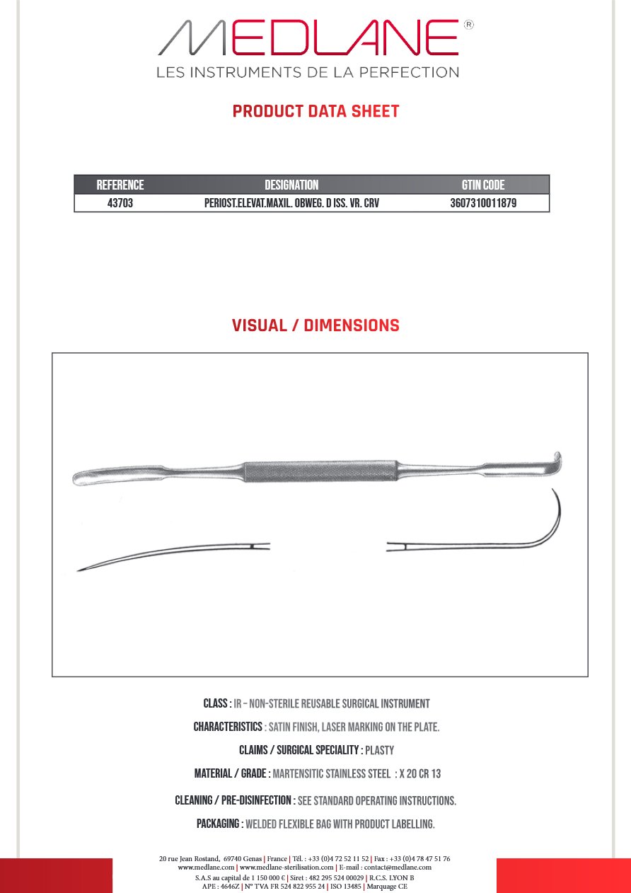 Rugine Maxillo-facial Obwegeser Trachéal Courbe 210 mm — REF 43703