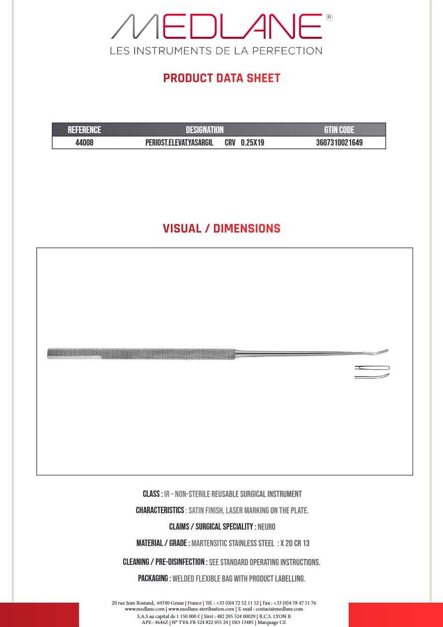 Rugine Yasargil Courbe 2.5 X 190 mm — REF 44008