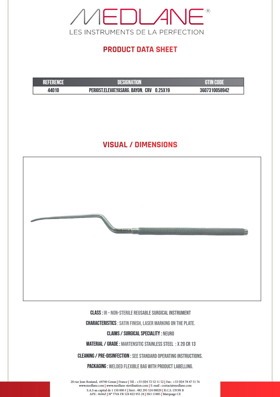 Rugine Yasargil Baionette Courbe 2.5 X 190 mm — REF 44010