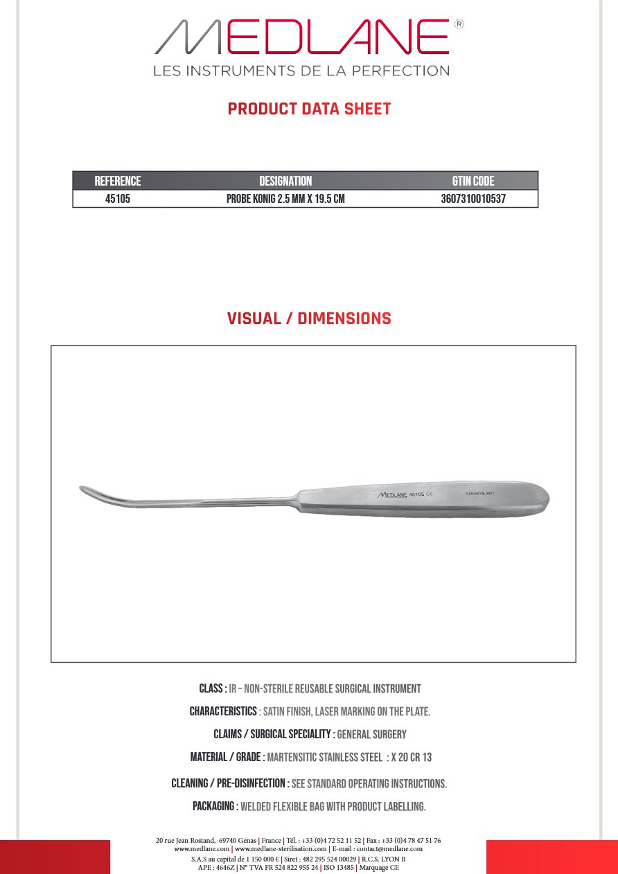 Sonde Konig 2.5 mm X 195 mm — REF 45105
