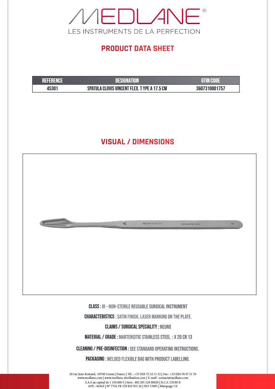 Spatule Clovis Vincent Malléable Type a 175 mm — REF 45301P