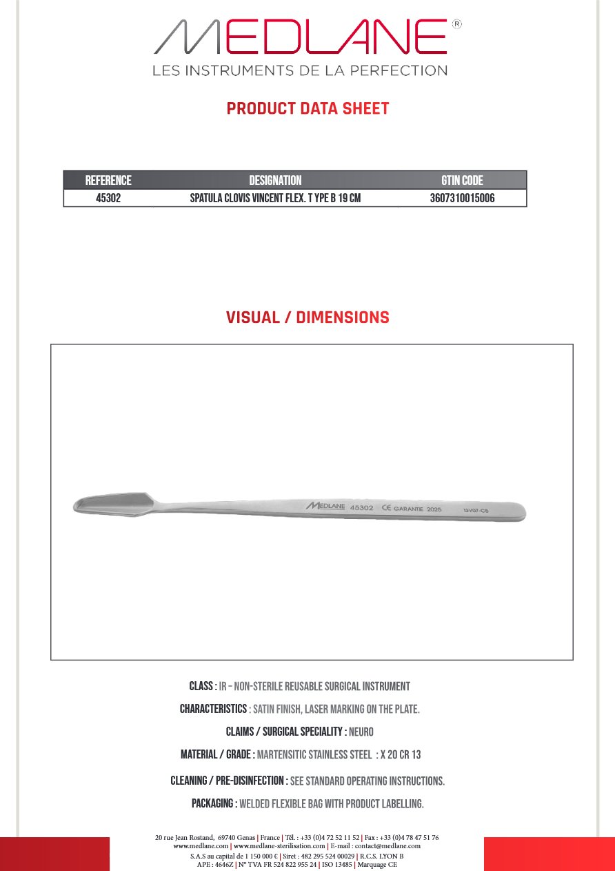 Spatule Clovis Vincent Malléable Type B 190 mm — REF 45302P