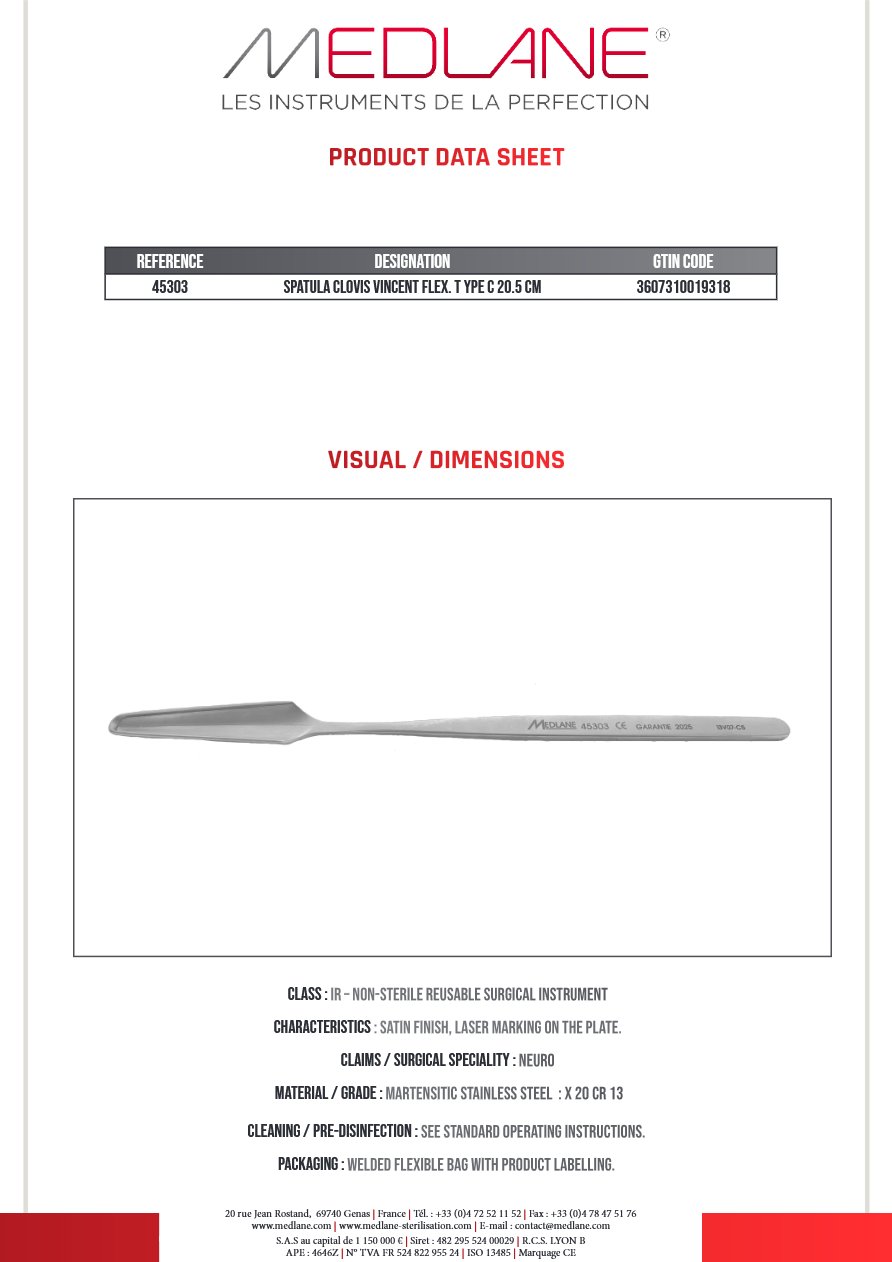 Spatule Clovis Vincent Malléable Type C 205 mm — REF 45303P