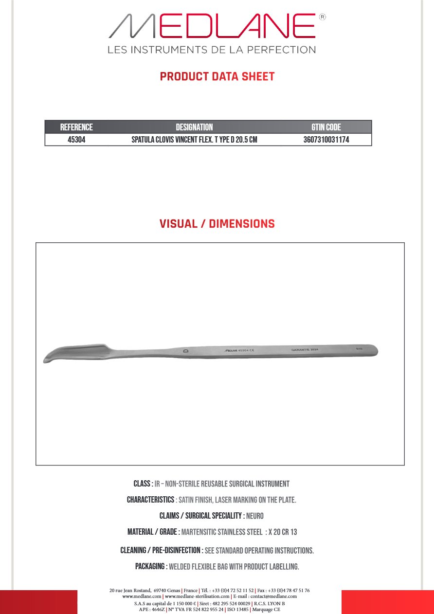 Spatule Clovis Vincent Malléable Type D 205 mm — REF 45304P