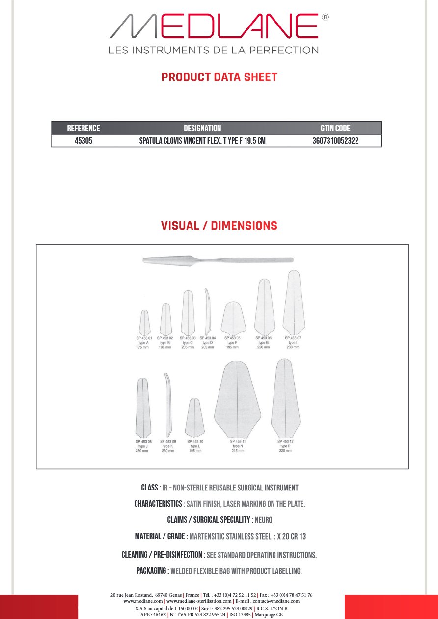 Spatule Clovis Vincent Malléable Type Fond 195 mm — REF 45305P