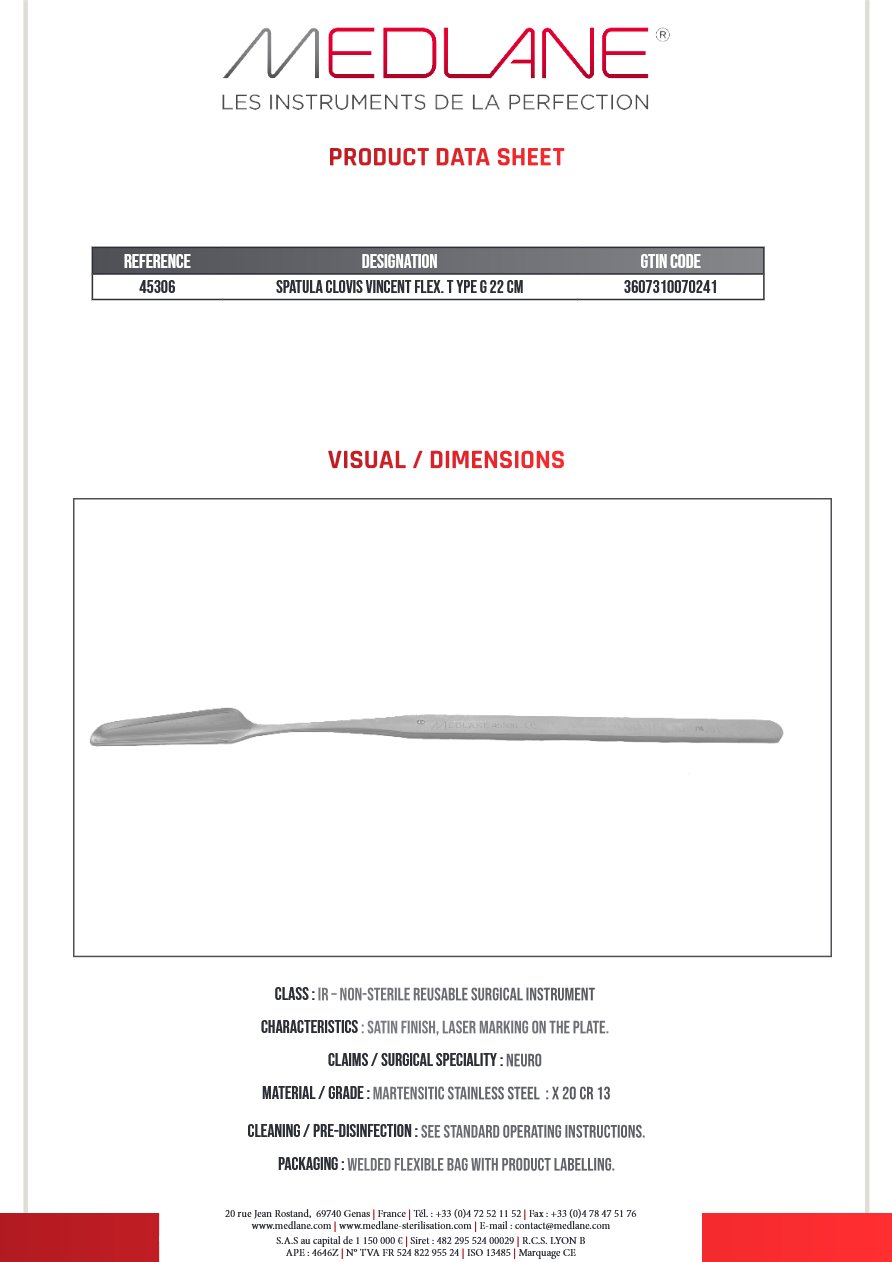 Spatule Clovis Vincent Malléable Type G 220 mm — REF 45306P
