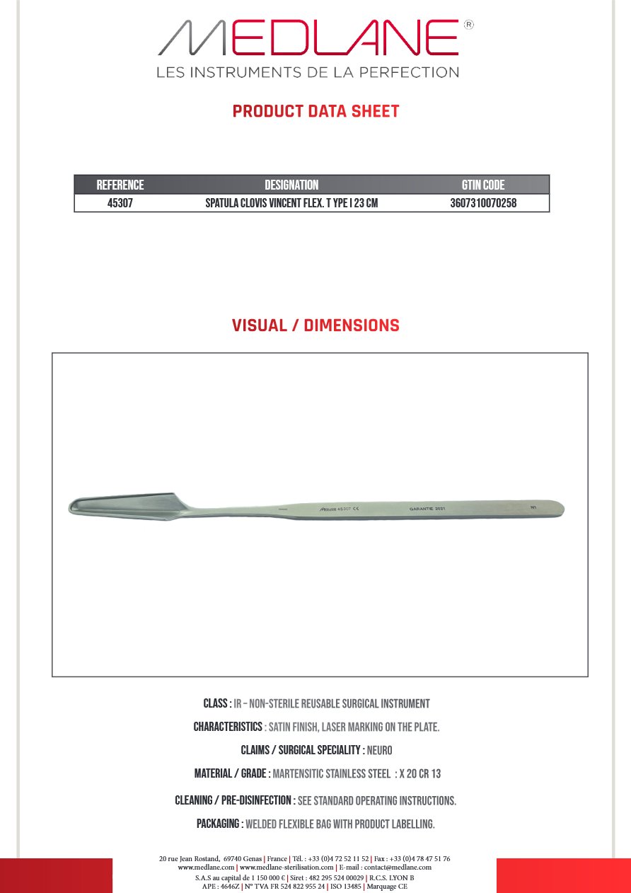 Spatule Clovis Vincent Malléable Type I 230 mm — REF 45307P
