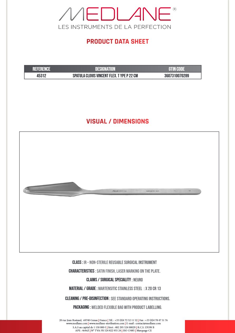Spatule Clovis Vincent Malléable Type P 220 mm — REF 45312P