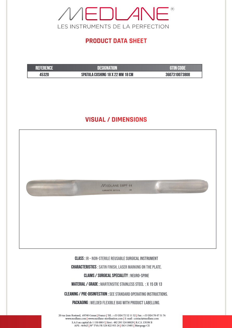 Spatule Cushing Malleable 180 mm Double 18 X 22 mm — REF 45320