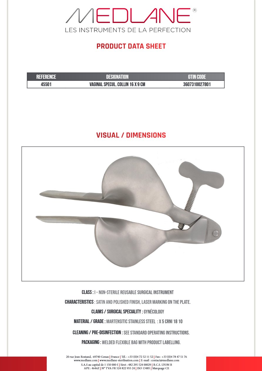 Speculum Gynécologique Collin 16 X 90 mm — REF 45501P