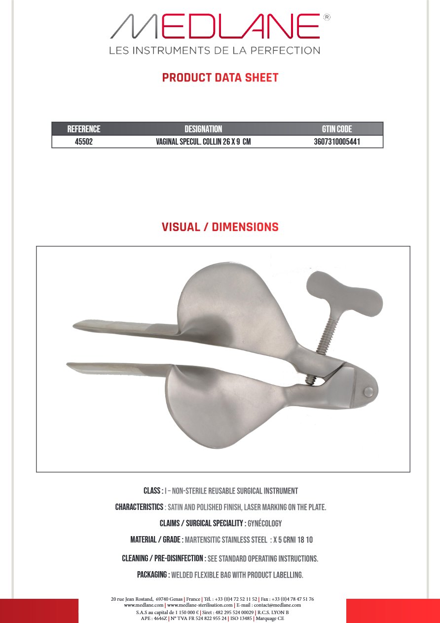 Speculum Gynécologique Collin 26 X 90 mm — REF 45502P
