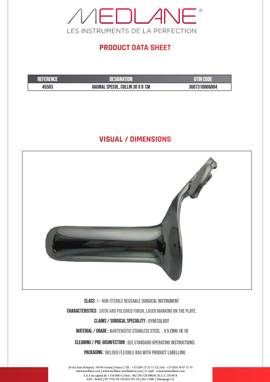 Speculum Gynécologique Collin 30 X 90 mm — REF 45503P