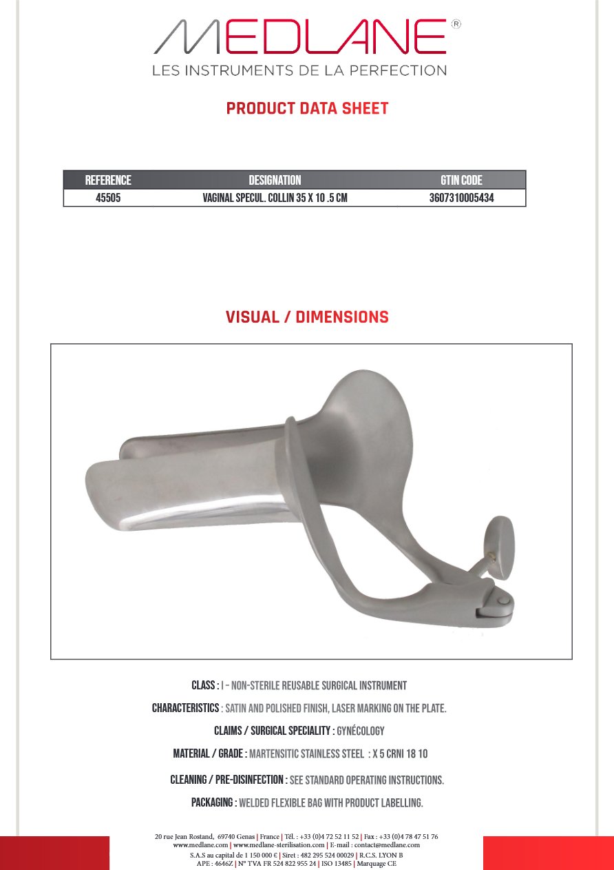 Speculum Gynécologique Collin 35 X 105 mm — REF 45505P