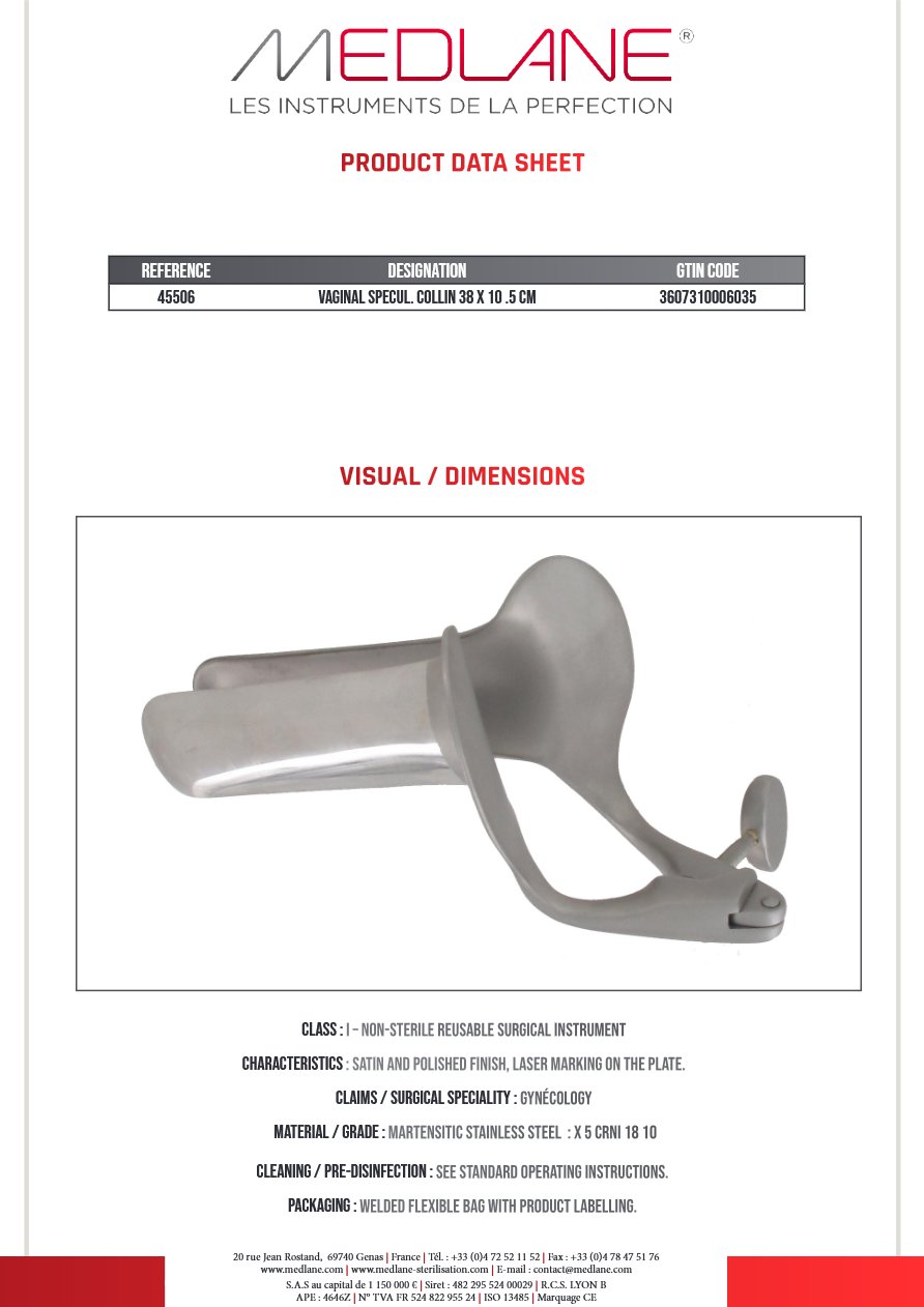 Speculum Gynécologique Collin 38 X 105 mm — REF 45506P