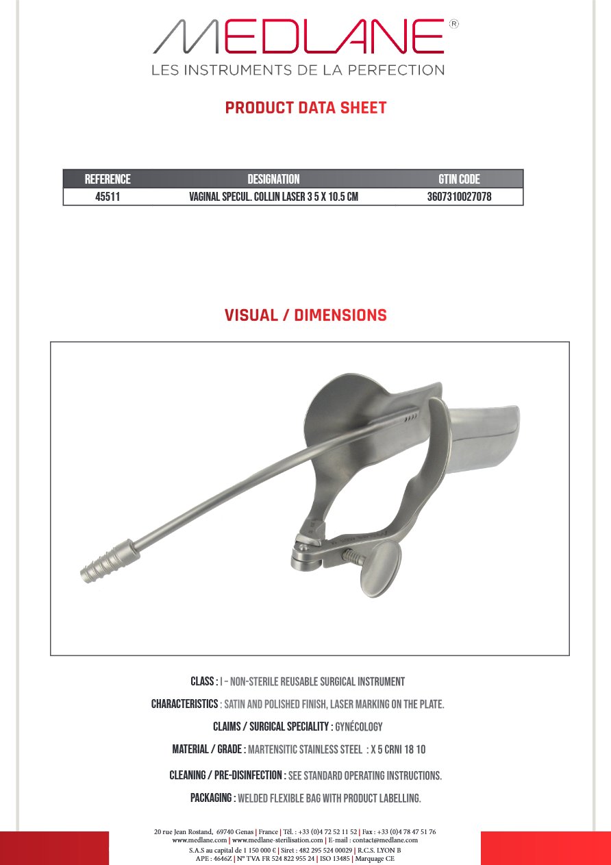 Speculum Gynécologique Collin Laser Isole 35 X 105 mm — REF 45511