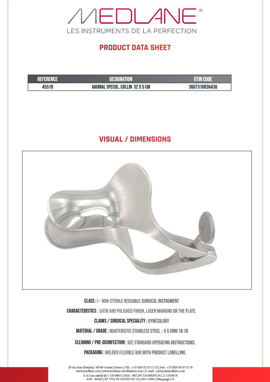 Speculum Vaginale Collin 32 X 5 Cm — REF 45519