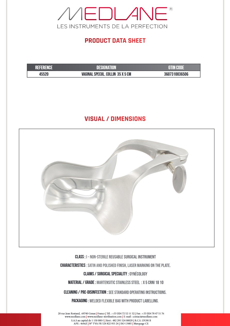 Speculum Vaginale De Collin 35 X 5 Cm — REF 45520