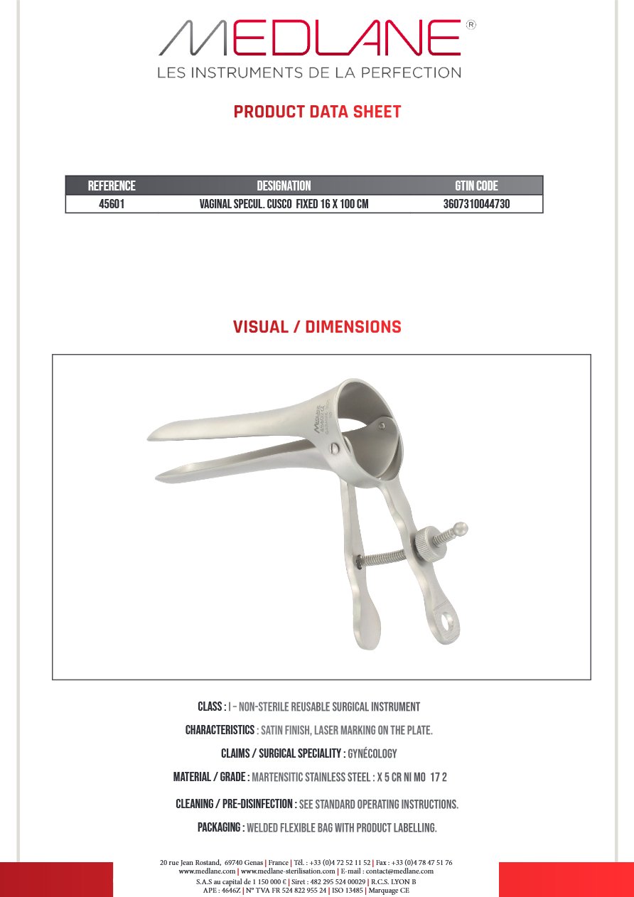 Speculum Gynécologique Cusco Fixe 16 X 100 mm — REF 45601P