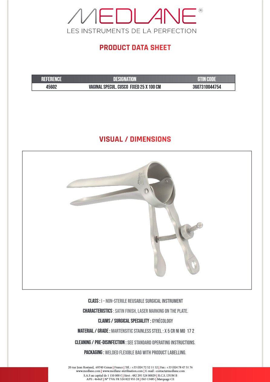 Speculum Gynécologique Cusco Fixe 25 X 100 mm — REF 45602P