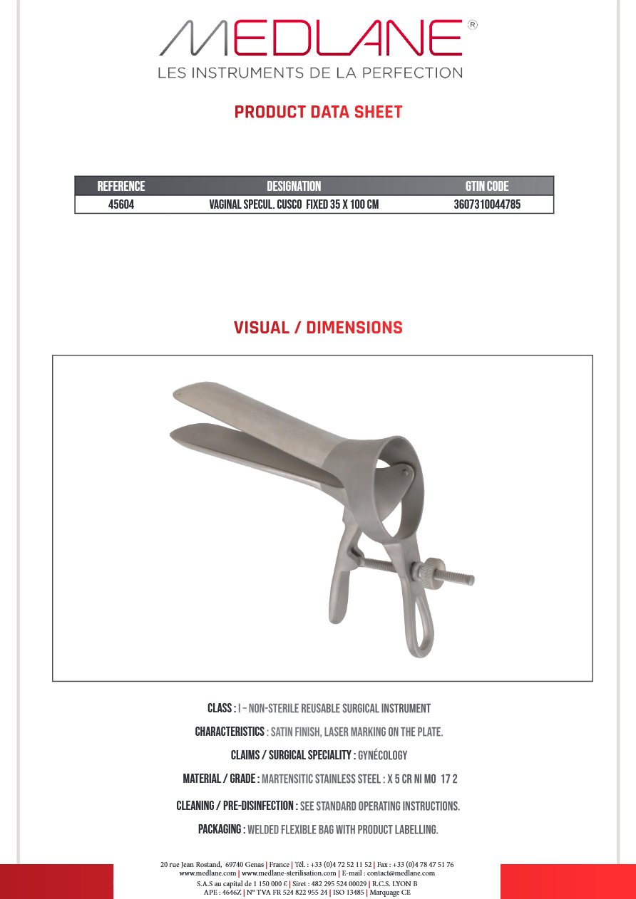 Speculum Gynécologique Cusco Fixe 35 X 100 mm — REF 45604P