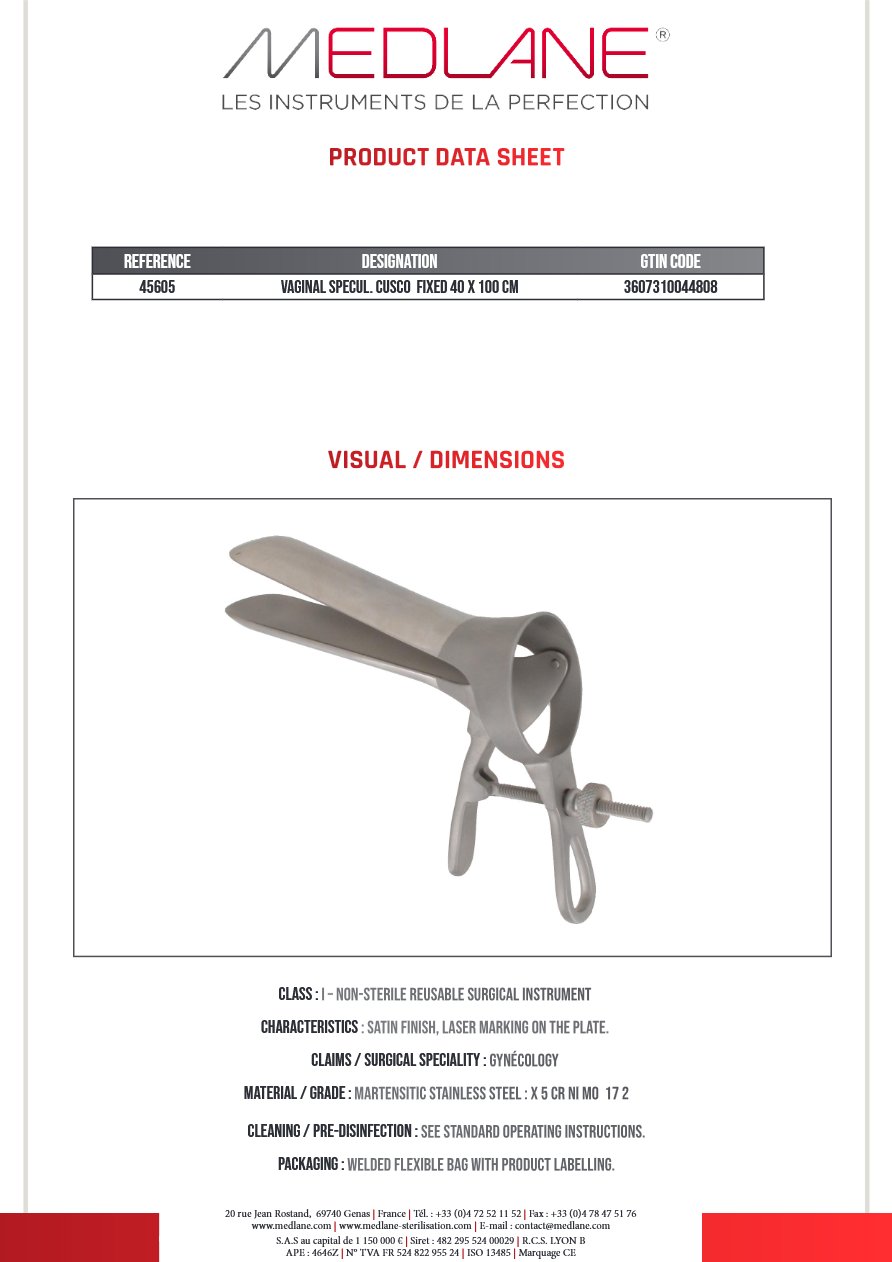 Speculum Gynécologique Cusco Fixe 40 X 100 mm — REF 45605P