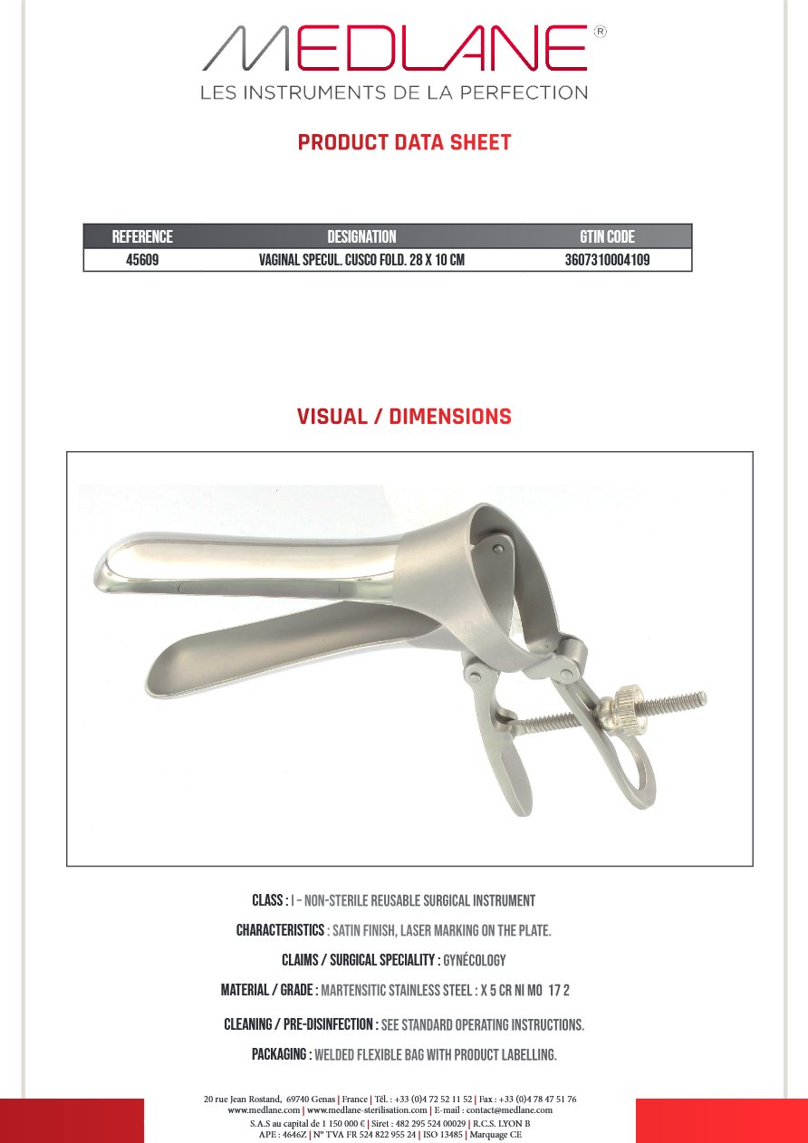 Speculum Gynécologique Cusco Pliant 28 X 100 mm — REF 45609P