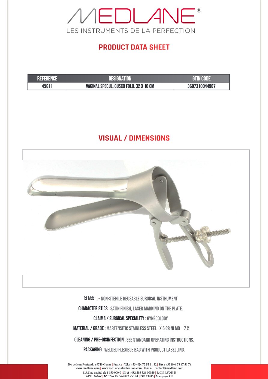 Speculum Gynécologique Cusco Pliant 32 X 100 mm — REF 45611P