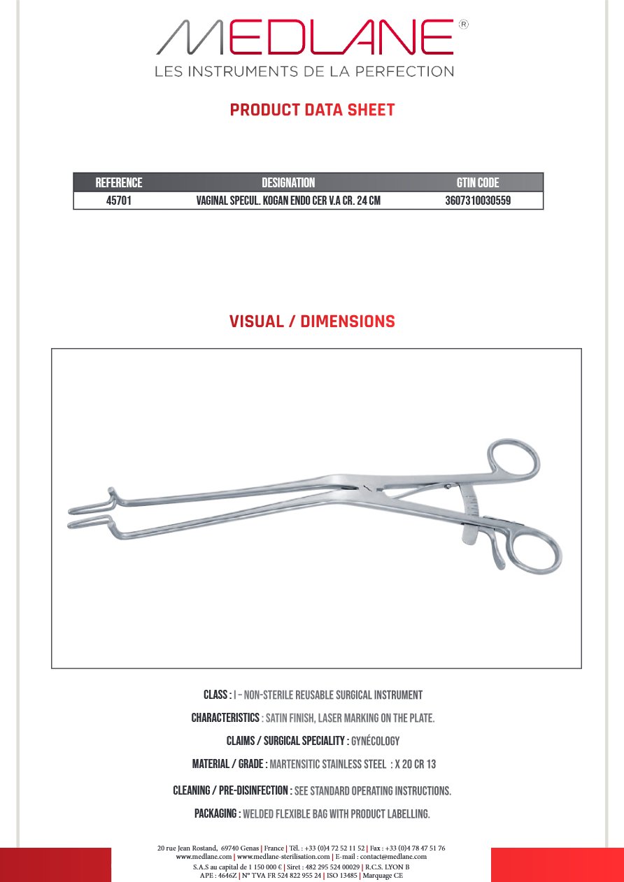 Speculum Gynécologique Kogan a Crémaillère 240 mm — REF 45701