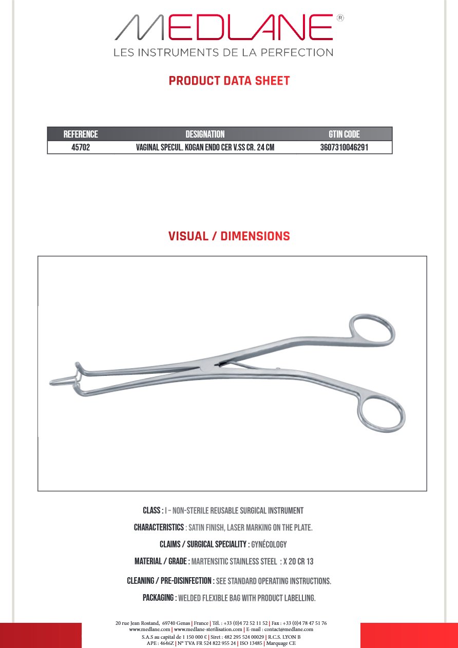 Speculum Gynécologique Kogan Ss Crémaillère 240 mm — REF 45702