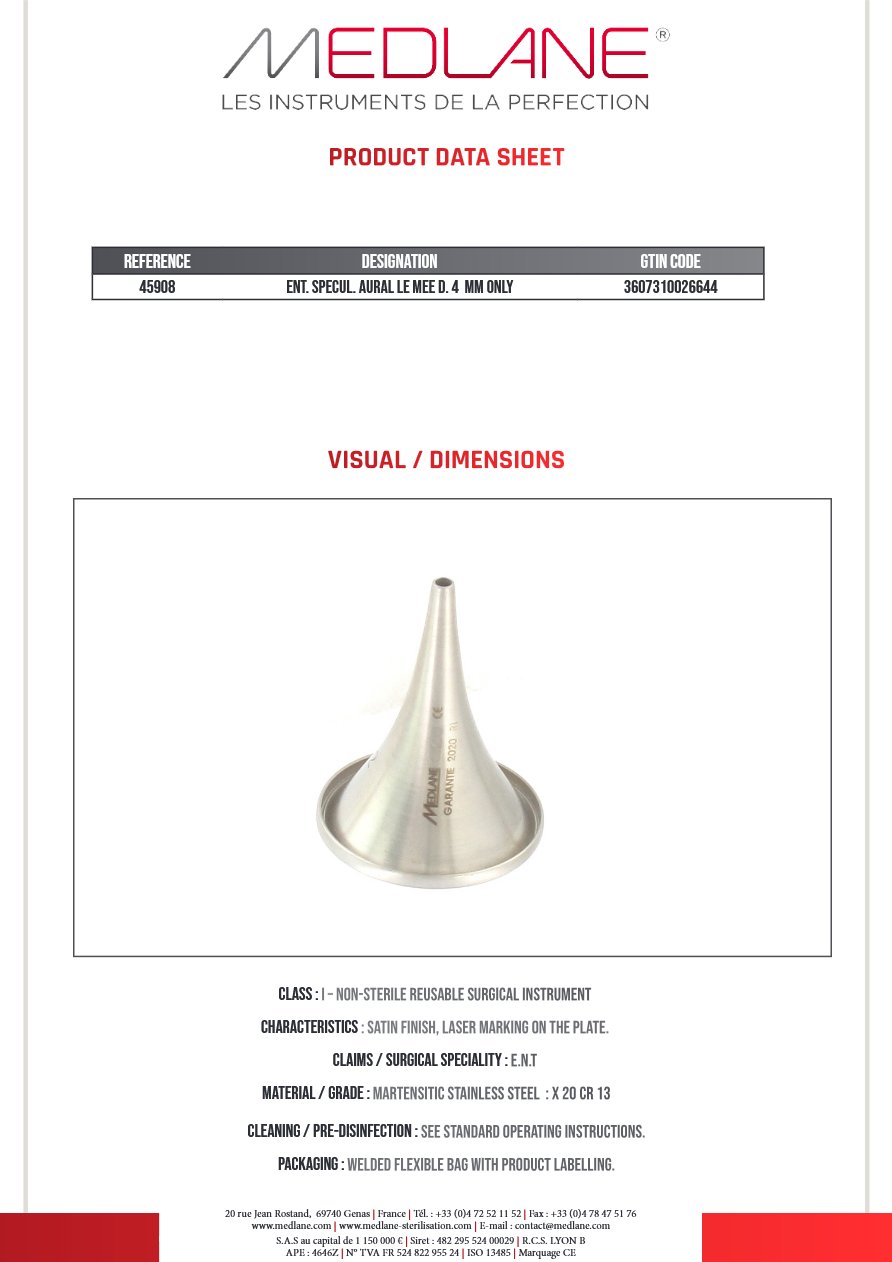 Speculum O.R.L. Auricul le Mee Diamètre 4 mm Seul — REF 45908