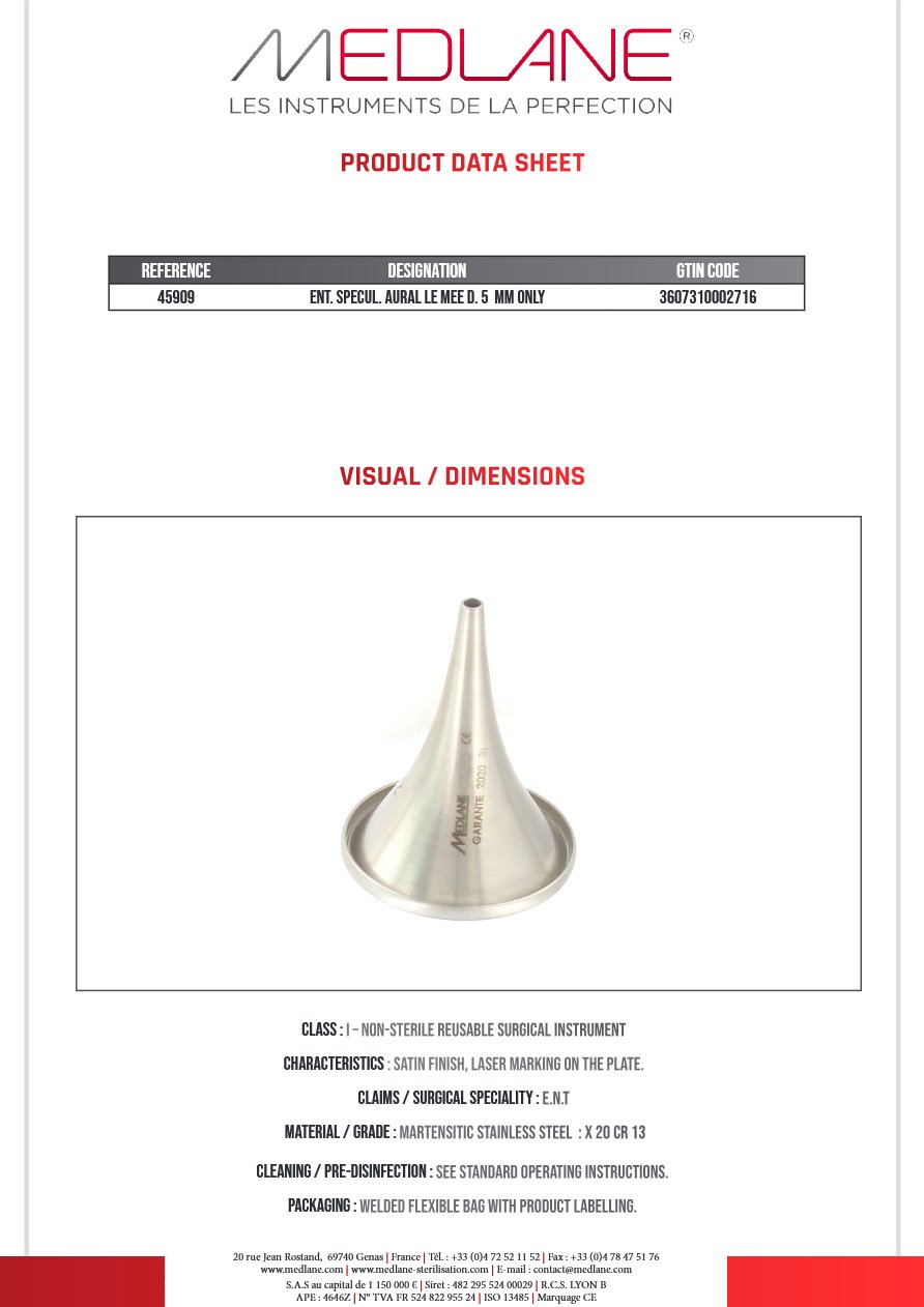 Speculum O.R.L. Auricul le Mee Diamètre 5 mm Seul — REF 45909