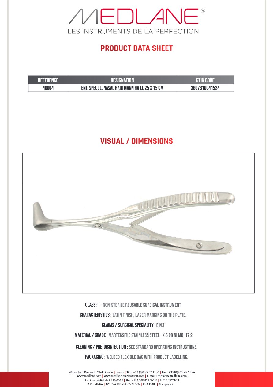Speculum O.R.L. Rhino Hartmann Hall 25 X 150 mm — REF 46004P