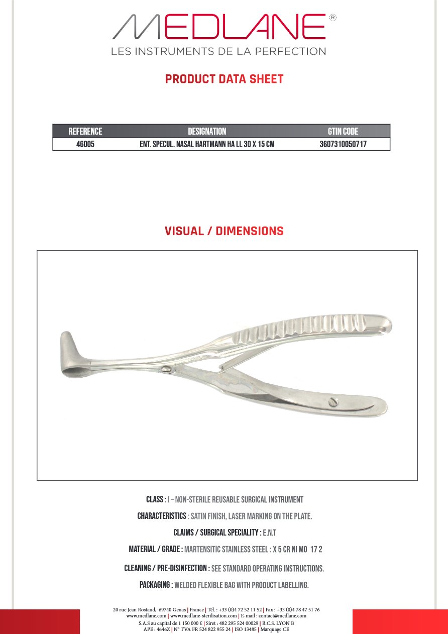 Speculum O.R.L. Rhino Hartmann Hall 30 X 150 mm — REF 46005P