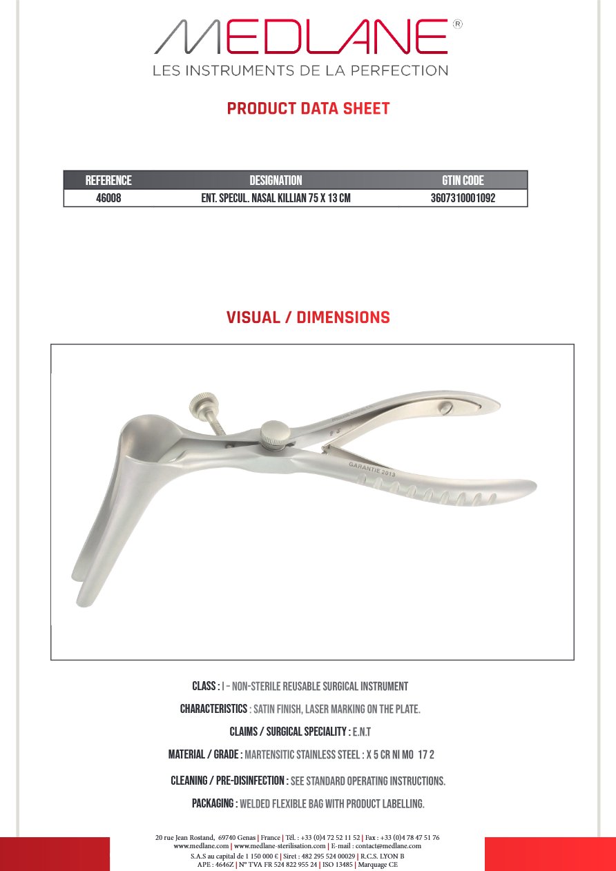 Speculum O.R.L. Rhino Killian 75 X 130 mm — REF 46008P