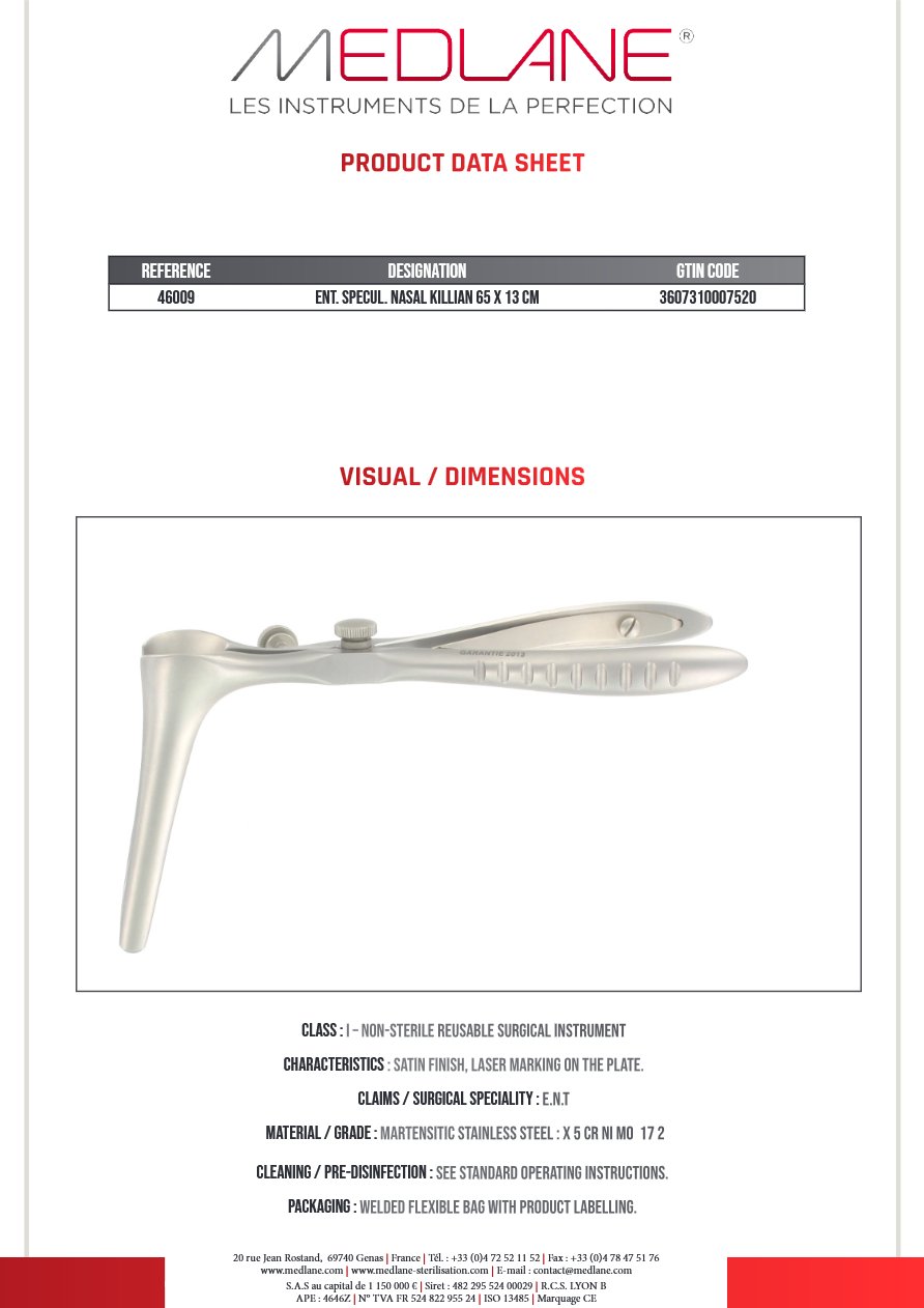Speculum O.R.L. Rhino Killian 65 X 130 mm — REF 46009P