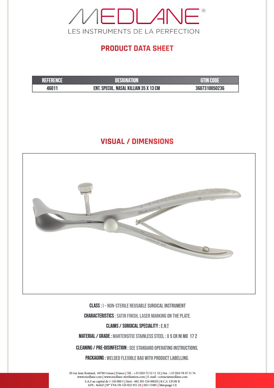 Speculum O.R.L. Rhino Killian 35 X 130 mm — REF 46011P