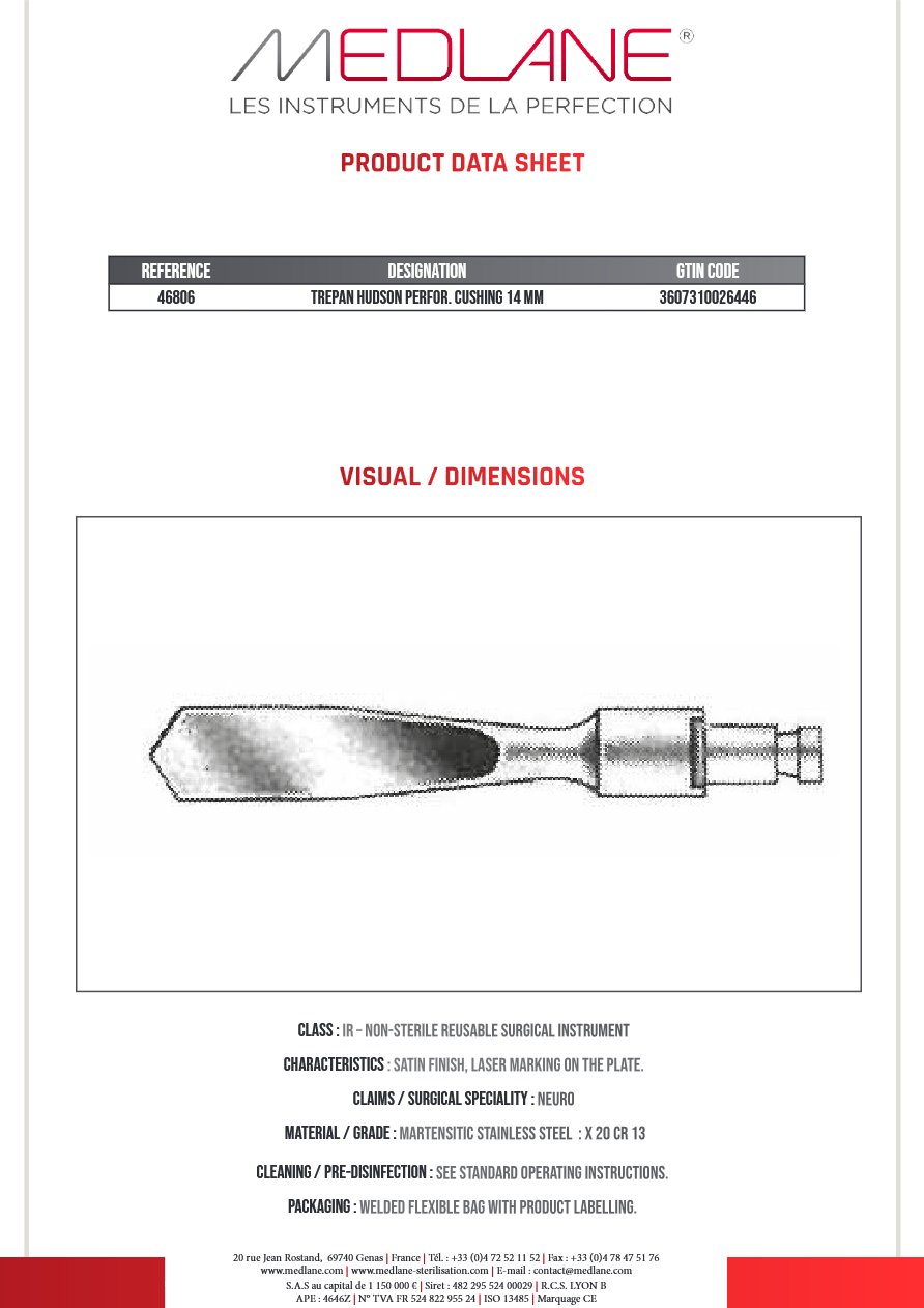 Photo produit MEDLANE : Trepan Hudson Perfor. Cushing 14 Mm, référence 46806