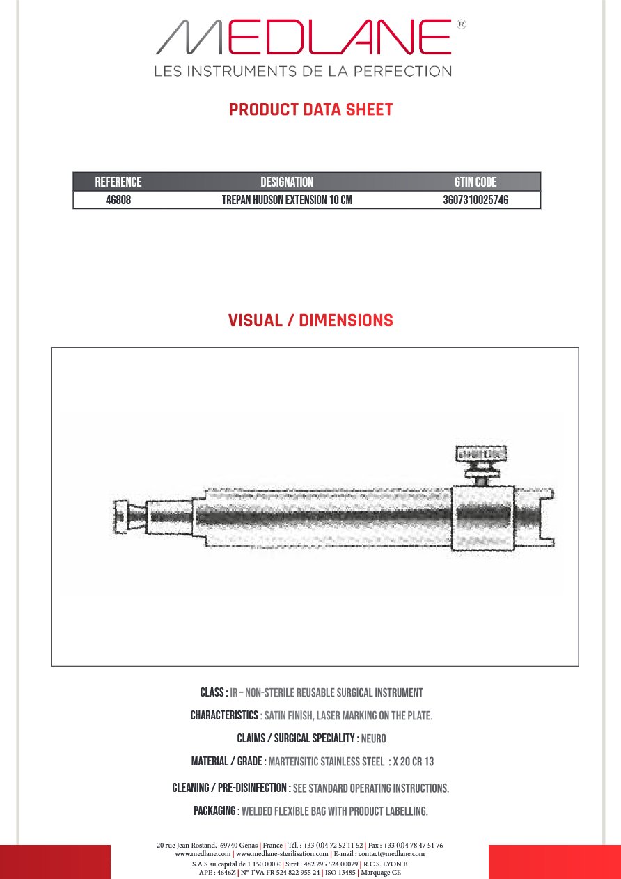 Photo produit MEDLANE : Trepan Hudson Rallonge 100 mm, référence 46808