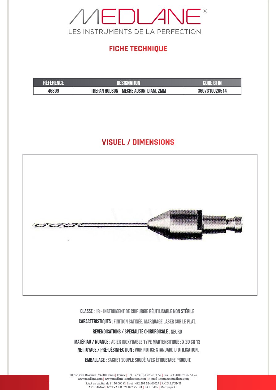 Trepan Hudson Meche Adson Diamètre 2MM — REF 46809